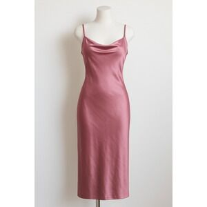 Y2K Womens Slip Dress Size S Pink Satin Cowl Neck Midi Coquette Minimalist Party